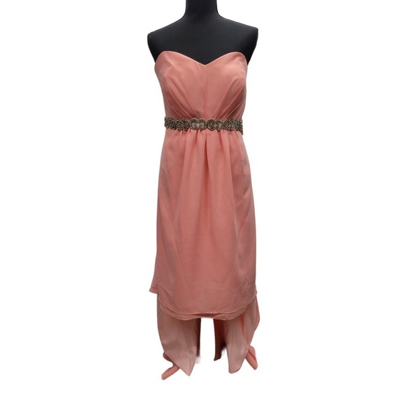 Chiffon Strapless High-Low Gown with Crystal Trim - Picture 1 of 10